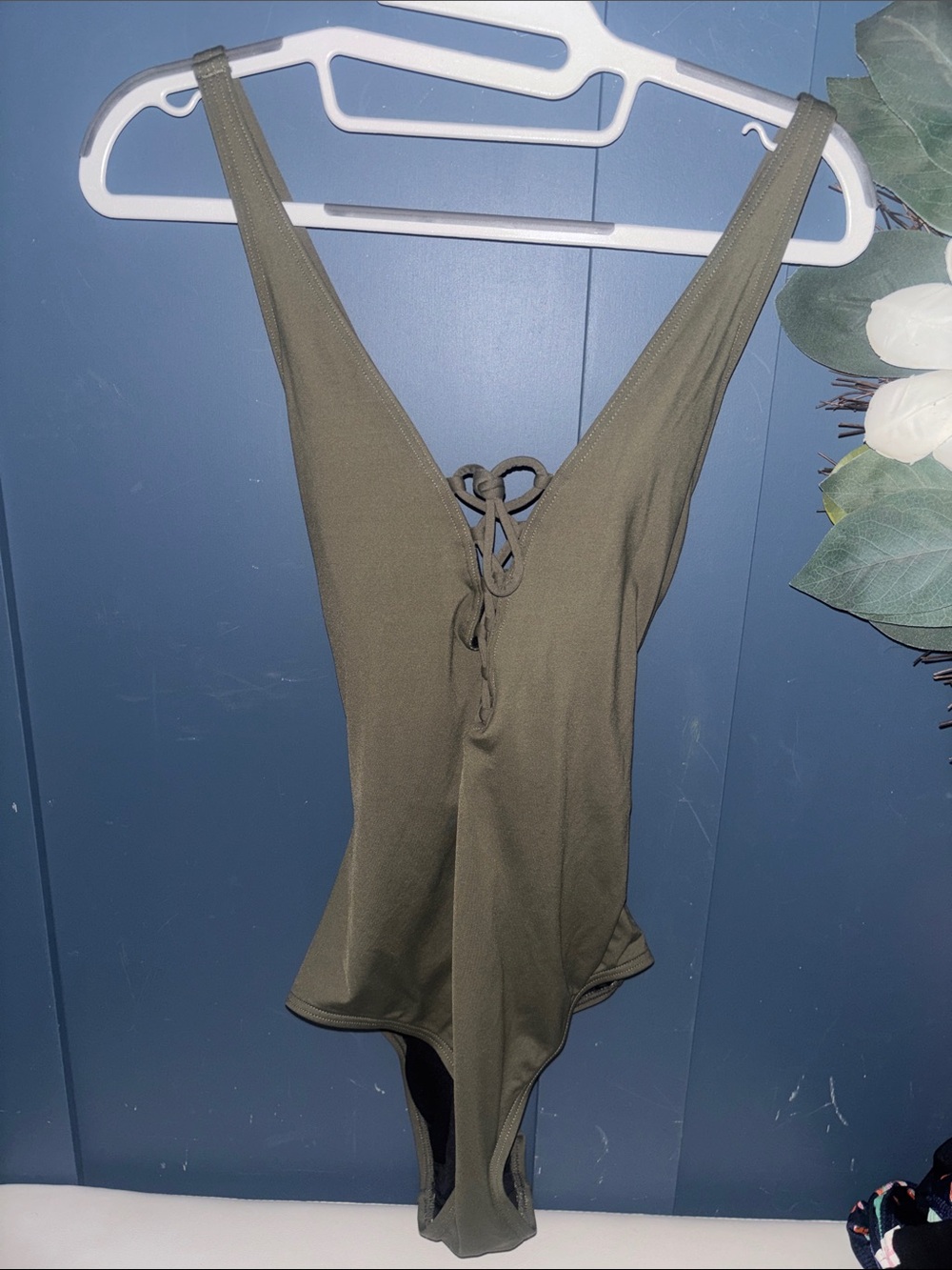 Michael Kors Olive Green Lace-Up V-Neck Women’s One Piece Swimsuit - Picture 1 of 7